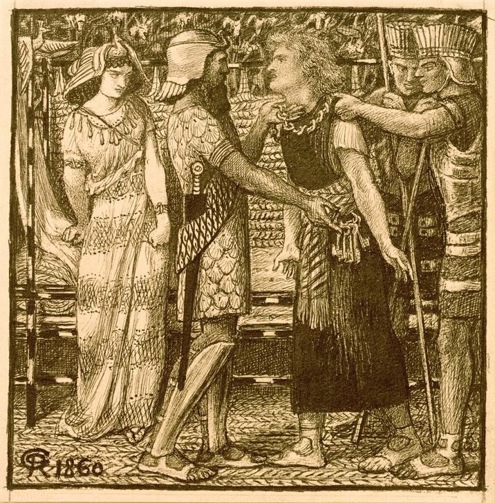 Dante Gabriel Rossetti, Joseph Accused before Potiphar (Christentum,Frau,Kunst,Mann,Religion,Verhaftung,Unschuld,Altes Testament,Femme Fatale,Tugend,Bibel,Präraffaeliten,Falschaussage,Englische Kunst,Joseph In Ägypten,Viktorianische Kunst,Beschuldigen,Monogramm,Joseph Und Potiphars Weib,Jüdisch-Christlich,Sign)