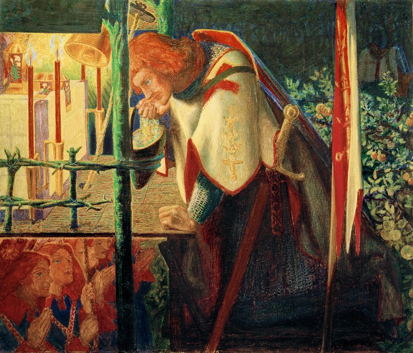 Dante Gabriel Rossetti, Sir Galahad at the Ruined Chapel (Christentum,Sage,Kultgegenstand,Kunst,Literatur,Mann,Religion,Ritter,Schwert,Waffe,Altar,Trinken,Legende,Kerze (Licht),Präraffaeliten,Tabernakel,Englische Kunst,Gedicht,Gral,Illustration,Viktorianische Kunst,Buchillustration,Monogramm,Kapelle (Kirche),Sig)