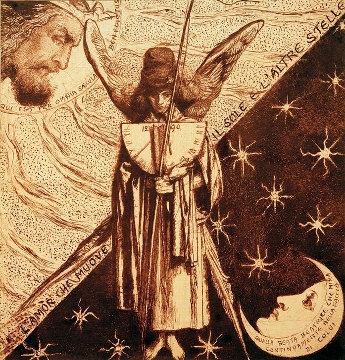 Dante Gabriel Rossetti, Dantis Amor (Christentum,Engel,Dichter,Kunst,Liebe,Literatur,Mond,Mythologie,Religion,Sonnenuhr,Sonne,Stern,Symbolismus,Allegorie,Neues Testament,Bibel,Präraffaeliten,Englische Kunst,Mystische Vermählung,Mystik,Viktorianische Kunst,Unsterblichkeit,Mondsichel,Inschrift)