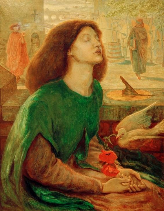Dante Gabriel Rossetti, Beata Beatrix (Ekstase (Verzückung),Frau,Dichter,Kunst,Literatur,Sonnenuhr,Taube,Tod,Vogel,Unschuld,Schönheit,Symbolismus,Geliebte,Portrait,Präraffaeliten,Englische Kunst,Mystik,Rote Haare,Viktorianische Kunst,Klatschmohn,Frau Und Tier,Tier,Meditation,Epos,Blume,Gedanke)
