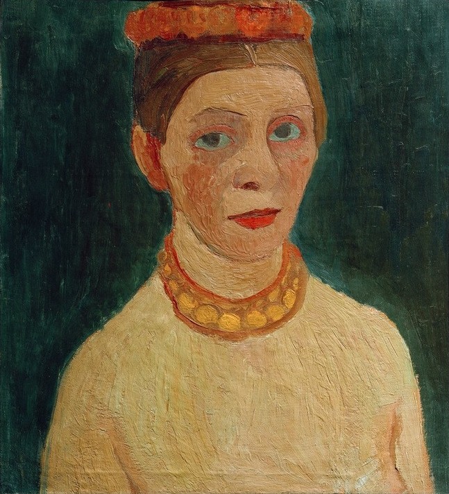 Paula Modersohn-Becker, Selbstbildnis mit rotem Kranz im Haar (Bernstein,Deutsche Kunst,Frau,Kette (Schmuck),Künstlerin,Kunst,Malerin,Mensch,Schmuck,Blumenkranz,Selbstbildnis,Frauenkunst,Ehefrau Von Berühmten,Portrait,Halskette,Künstlerfrau,Haarschmuck,Worpsweder Künstlerkolonie,Jungverstorbene,Mittelscheitel,Blick A)