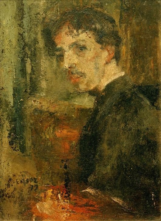 James Ensor, Kleiner Kopf (Grafiker,Künstler,Kunst,Maler (Künstler),Mann,Impressionismus,Bart,Selbstbildnis,Symbolismus,Schnurrbart,Radierer,Portrait,Belgische Kunst,Braun,Privatsammlung,Halbfigur,Person,Junger Mann,Farbe)