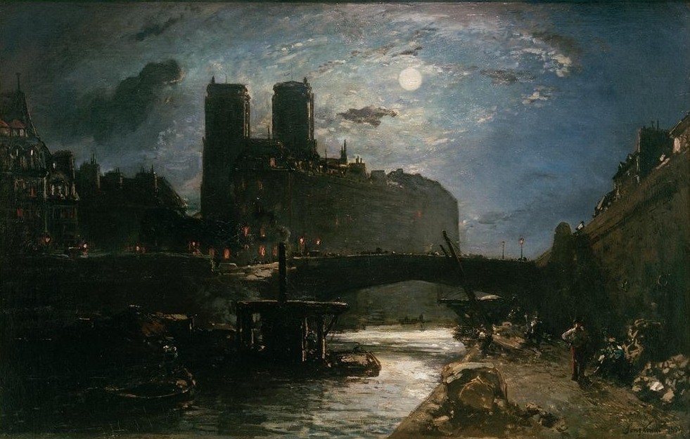 Johan Barthold Jongkind, Notredame de Paris au clair de lune (Architektur,Brücke,Christentum,Geographie,Kirche,Kunst,Mond,Religion,Stadt,Tageszeiten,Nacht,Gotik,Fluss,Architekturdarstellung,Schule Von Barbizon,Niederländische Kunst,Holländische Kunst,Ansicht,Aussenansicht,Mondschein,Topographie,Sakralbau,Kathedrale)
