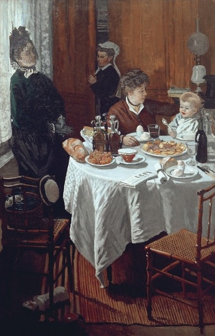 Claude Monet, Le Déjeuner (Besuch,Damenmode,Dienstboten,Essen Und Trinken,Familie,Kind,Mutter Und Kind,Tafelsitten,Impressionismus,Tisch,Frühstück,Kleinkind,Tischtuch,Interieur,Bürgertum,Französische Kunst,Sonnenlicht,Frauenleben,Gedeckter Tisch,Runder Tisch (Möbel),Essig Und Öl (N)