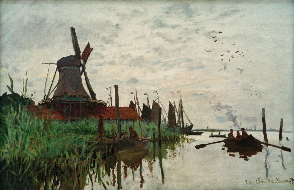 Claude Monet, Moulin à Zaandam (Küste,Kunst,Landschaft,Mühle,Ruderboot,Windmühle,Meer,Impressionismus,Französische Kunst,Schilf)