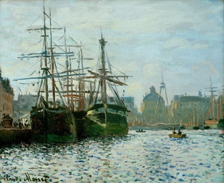 Claude Monet, Le Bassin du Commerce, Le Havre (Geographie,Hafen,Schiff,Segelschiff,Impressionismus,Französische Kunst,Seehandel,Topographie,Handelshafen,Frachtschiff,Schifffahrt)