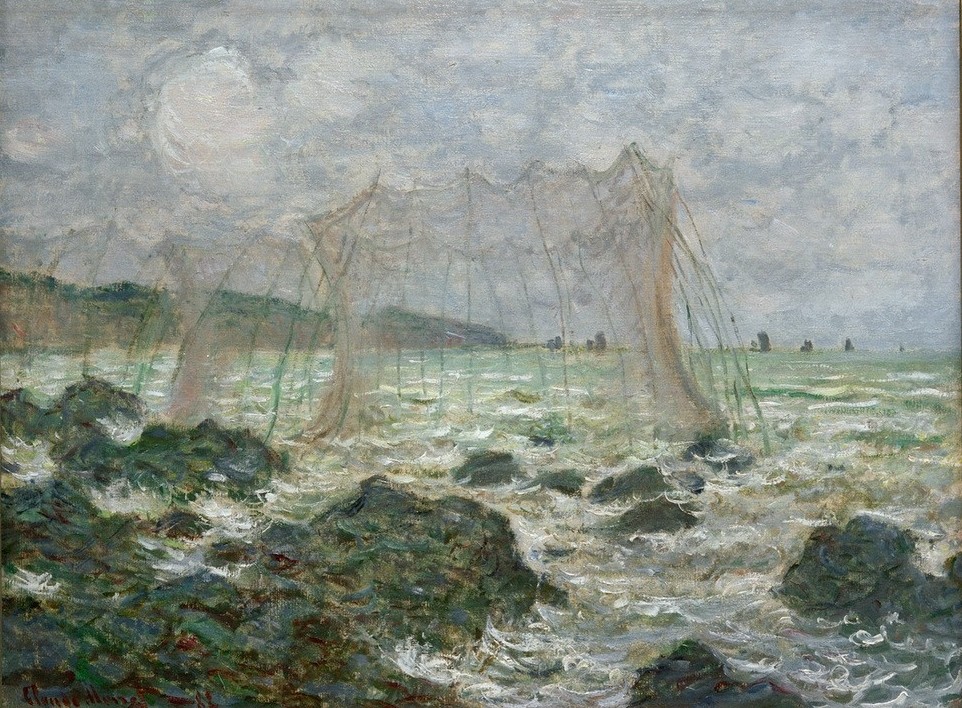 Claude Monet, Parc de pêche à Pourville (Fischerei,Küste,Landschaft,Meer,Impressionismus,Felsen,Französische Kunst,Netz,Fischernetz)