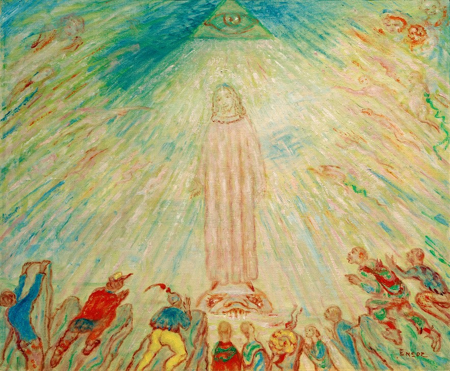 James Ensor, Christus und die Bedrängten (Christentum,Kunst,Religion,Symbolismus,Fisch,Allegorie,Neues Testament,Bibel,Dreifaltigkeit,Phantastische Kunst,Licht,Auge Gottes,Belgische Kunst,Dreieckskomposition,Schweben,Erlösung,Dreieck,Christusallegorie,Privatsammlung,Signatur,Symbolik)