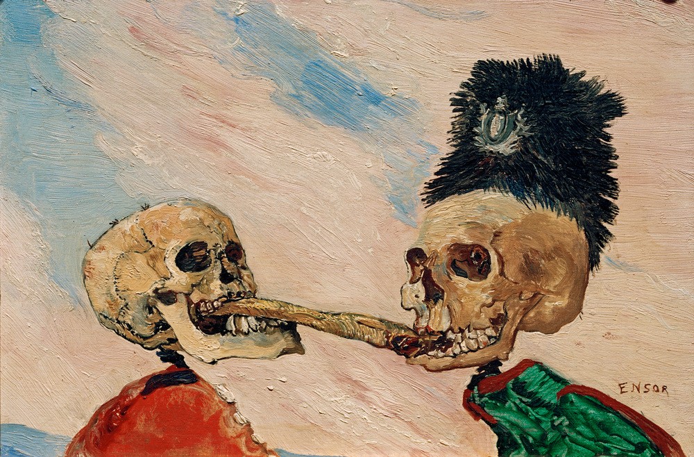 James Ensor, Squelettes se disputant un hareng saur (Kunst,Mensch,Tod,Totentanz,Skelett,Symbolismus,Gier,Streit,Knochenmann,Groteske,Phantastische Kunst,Belgische Kunst,Kampf,Hering,Futterneid,Absurdität,Negative Stimmungen Und Gefühle,Zweikampf,Signatur)