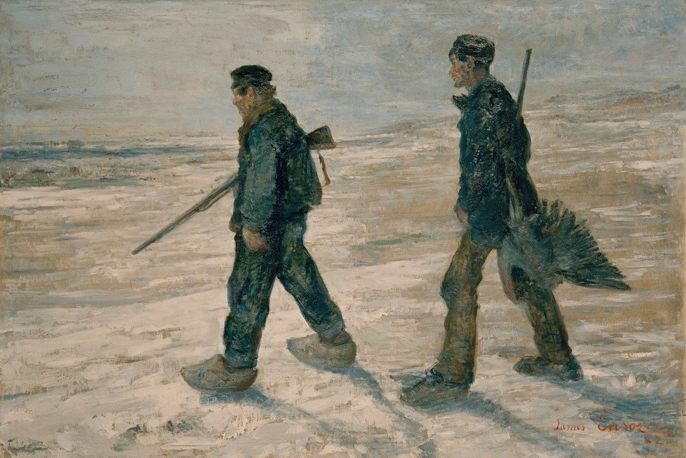 James Ensor, Les Braconniers (Gewehr,Jäger,Jagd,Jahreszeiten,Kunst,Mann,Vogel,Wilderer,Winter,Impressionismus,Schnee,Ente,Belgische Kunst,Tier,Holzschuhe,Kriminalität,Vogeljagd,Signatur)