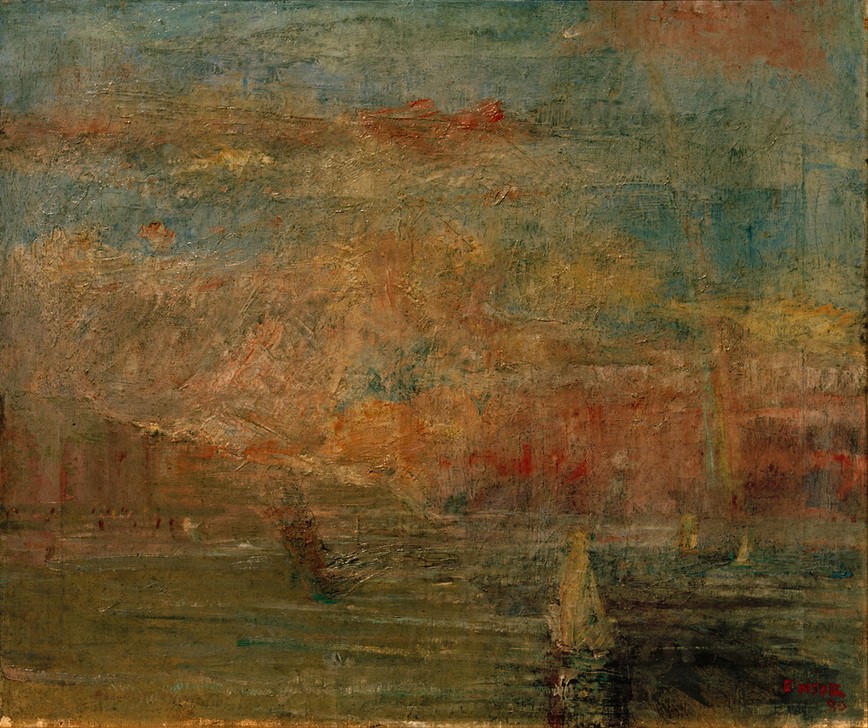 James Ensor, Nach dem Sturm (Kunst,Landschaft,Meteorologie,Wetter,Meer,Impressionismus,Segelboot,Belgische Kunst,Sturm,Signatur,Dunkelheit,Schifffahrt)