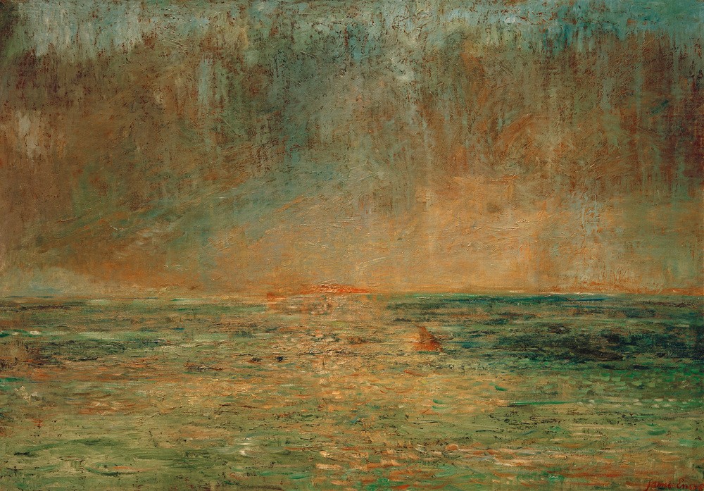 James Ensor, Großes Seestück – Sonnenuntergang (Kunst,Landschaft,Sonnenuntergang,Tageszeiten,Abend,Meer,Impressionismus,Belgische Kunst,Horizont,Naturschauspiel,Abendrot)