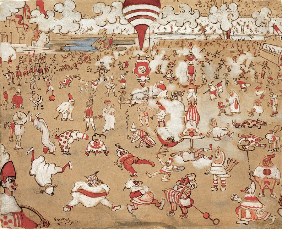 James Ensor, Weiße und rote Clowns in Bewegung (Ballon,Fahrendes Volk,Feste,Gesellschaft,Kunst,Landschaft,Narr,Seebad,Strand,Volksfest,Zirkus (Theater),Meer,Symbolismus,Akrobat,Clown,Phantastische Kunst,Belgische Kunst,Im Freien (Allgemein),Ausgelassenheit,Volksbelustigung,Positive Stimmungen Und Gefüh)