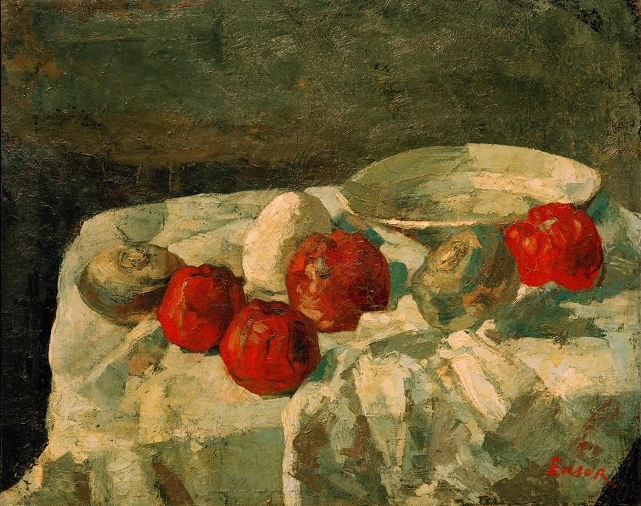 James Ensor, Die roten Äpfel (Apfel,Essgeschirr,Früchte,Kunst,Obst,Impressionismus,Nahrungsmittel,Stillleben,Teller,Belgische Kunst,Privatsammlung,Signatur,Geschirr (Haushalt))