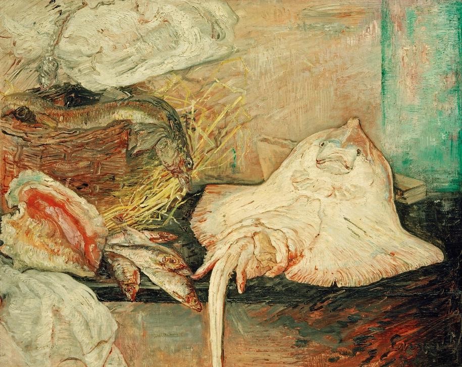 James Ensor, La Raie (Kunst,Nahrungsmittel,Fisch,Stillleben,Muschel,Korb,Belgische Kunst,Tier,Meeresfrüchte,Rochen,Küchenstillleben,Seefisch,Signatur,Kadaver)