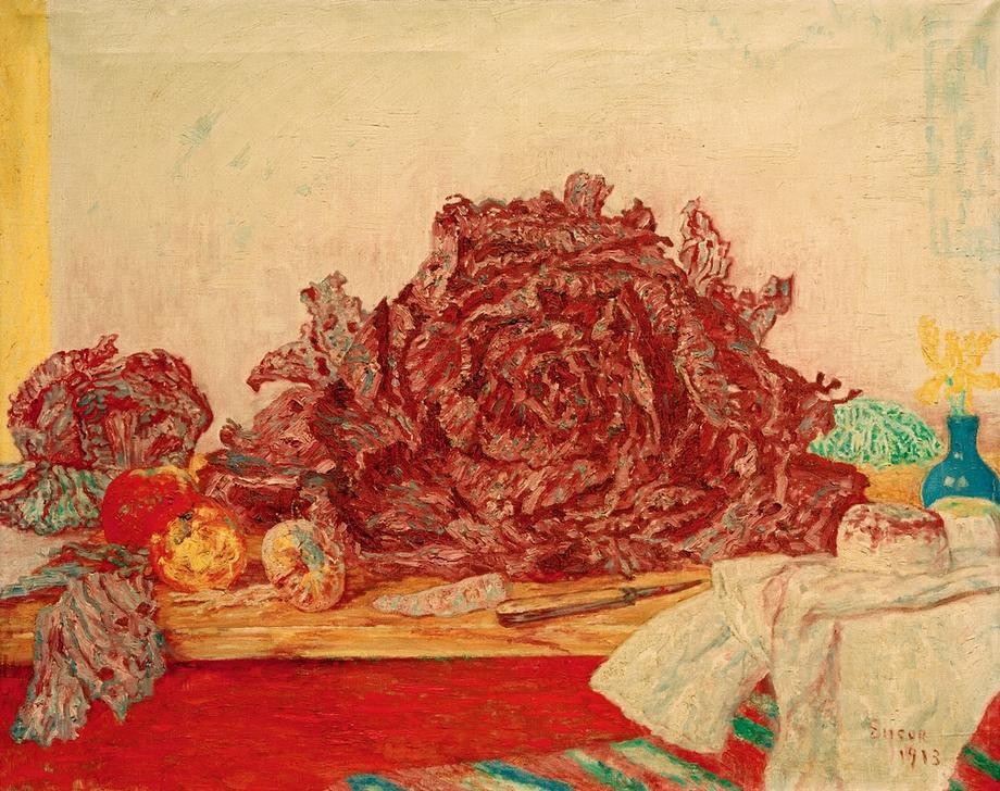 James Ensor, Rotkohl und Zwiebeln (Gemüse,Kunst,Impressionismus,Nahrungsmittel,Symbolismus,Stillleben,Messer,Kohl,Zwiebel,Belgische Kunst,Rotkohl,Signatur)