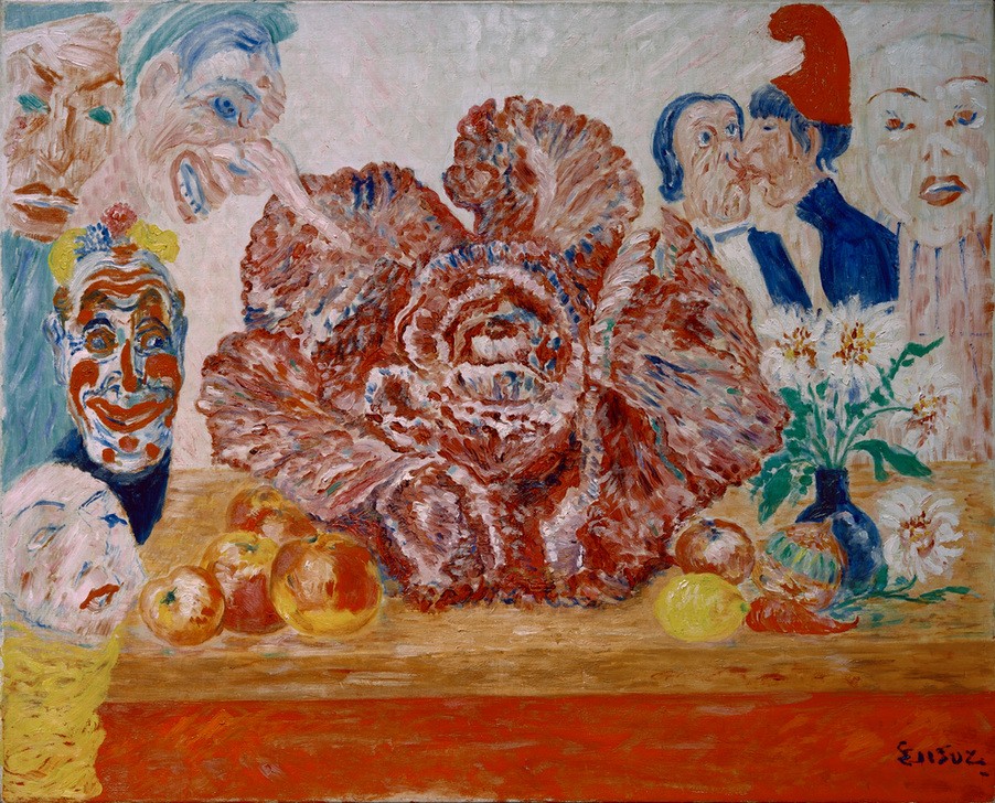 James Ensor, Rotkohl und Masken (Apfel,Früchte,Gemüse,Kunst,Obst,Feige,Nahrungsmittel,Symbolismus,Stillleben,Blumenstrauss,Vase,Kohl,Belgische Kunst,Rotkohl,Zitrone,Blume,Privatsammlung,Maske (Gegenstand),Signatur)