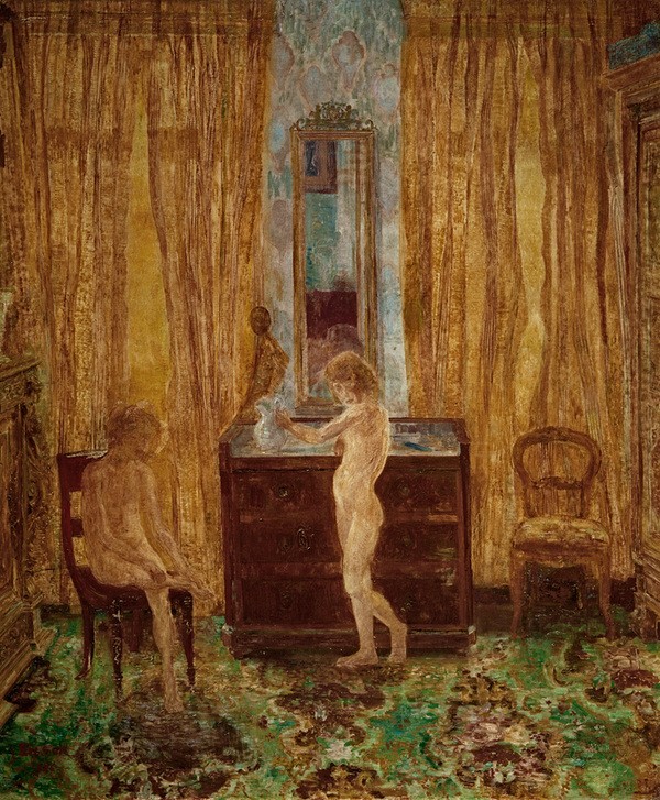James Ensor, Les enfants à la toilette (Körperpflege,Bad,Geschwister,Kinderzimmer,Kind,Kunst,Möbel,Morgentoilette,Schlafzimmer,Toilette (Körperpflege),Wohnung,Impressionismus,Akt,Interieur,Helldunkel,Licht,Belgische Kunst,Vorhang,Nacktheit,Hygiene,Waschkommode,Kinderleben,Sonnenlicht,Gegenlicht)