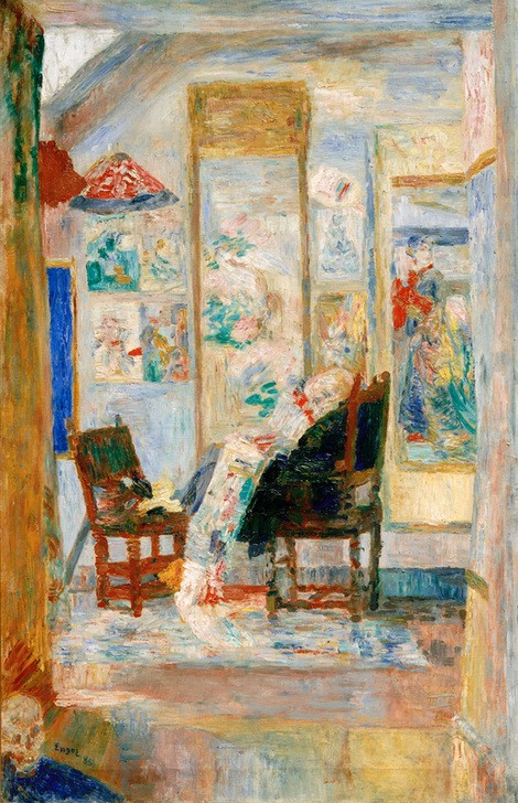 James Ensor, Skelett beim Betrachten von Chinoiserien (Atelier,Gespenst,Kunst,Mensch,Tod,Totentanz,Skelett,Symbolismus,Bild Im Bild,Knochenmann,Bild Und Betrachter,Interieur,Phantastische Kunst,Belgische Kunst,Untote,Betrachten,Sitzen,Inneneinrichtung,Signatur)