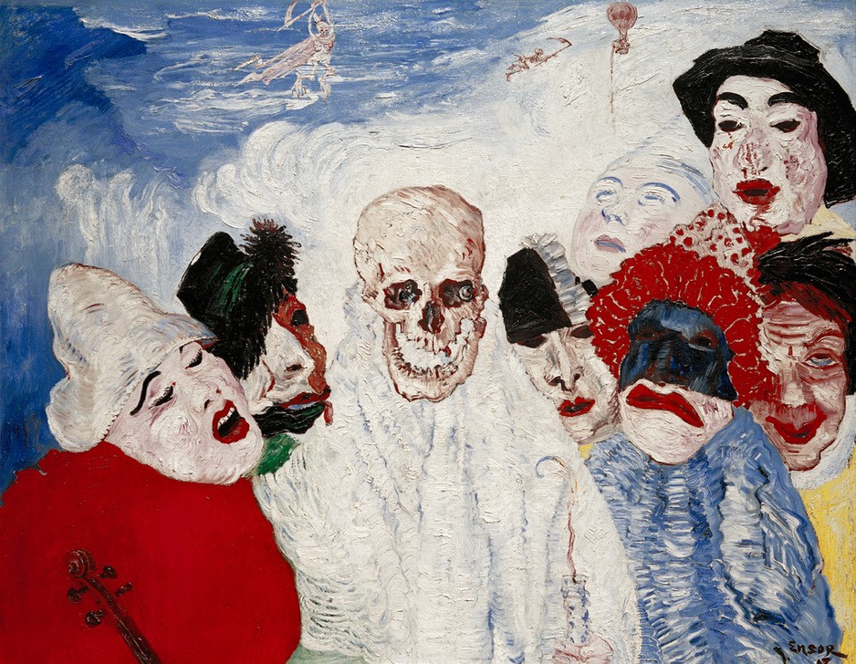 James Ensor, La Mort et les masques (Kunst,Maskerade,Mensch,Tod,Totentanz,Symbolismus,Knochenmann,Phantastische Kunst,Totenkopf,Belgische Kunst,Jahrhundertwende,Maske (Gegenstand),Les Xx,Karneval,Verkleidung,Signatur)