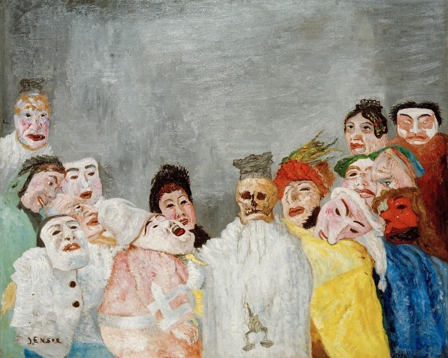 James Ensor, Der große Richter (Richter (Recht),Kunst,Maskerade,Mensch,Recht,Tod,Totentanz,Waage (Gerät),Symbolismus,Knochenmann,Phantastische Kunst,Totenkopf,Belgische Kunst,Jahrhundertwende,Privatsammlung,Maske (Gegenstand),Karneval,Verkleidung,Signatur)