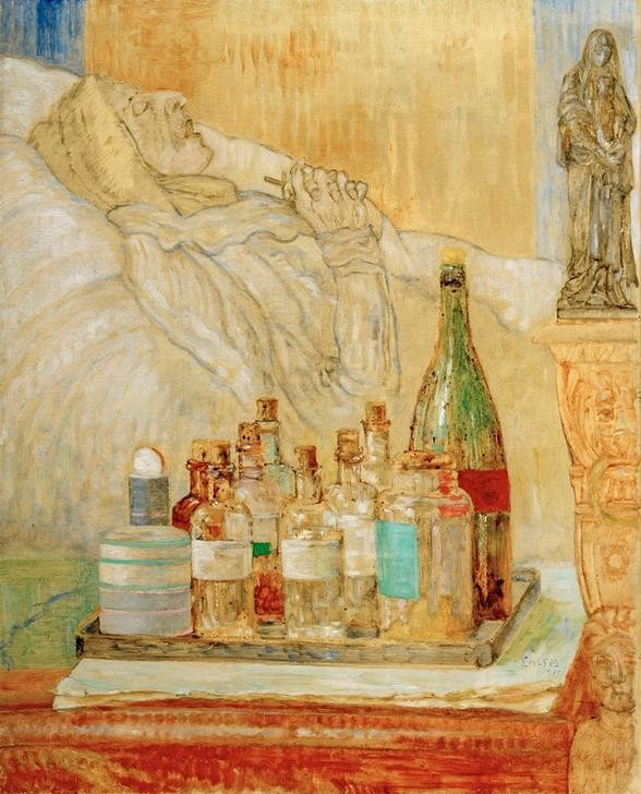 James Ensor, Meine tote Mutter (Christentum,Familie,Frau,Kreuz,Künstler,Kunst,Leiche,Maler (Künstler),Medizin,Religion,Tod,Symbolismus,Stillleben,Radierer,Portrait,Mutter Von Berühmten,Mutter,Medikament,Flasche,Belgische Kunst,Händefalten,Sterbebett,Alte Frau,Offener Mund,Skulptur Im Bi)