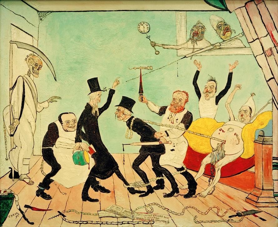 James Ensor, Les mauvais Médecins (Arzt,Beruf,Karikatur,Krankheit,Kunst,Mann,Medizin,Operation,Tod,Universität,Sense,Symbolismus,Streit,Knochenmann,Portrait,Kritik,Darm,Quacksalber,Phantastische Kunst,Belgische Kunst,Eingeweide,Schnitter (Tod),Patient,Tumult,Signatur)
