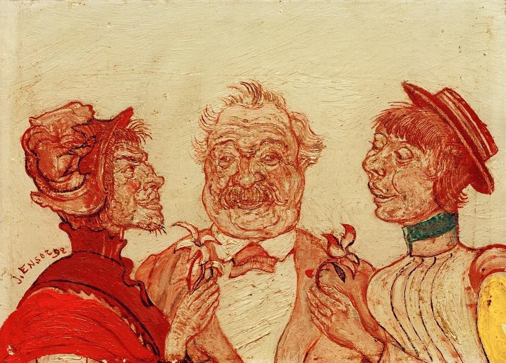 James Ensor, Herr und Frau Rousseau unterhalten sich mit Sophie Yoteko (Ehepaar,Karikatur,Kunst,Physiker,Physik,Universität,Selbstbildnis,Symbolismus,Portrait,Schielen,Rektor,Travestie,Professor,Phantastische Kunst,Belgische Kunst,Lächeln,Dreiecksbeziehung,Blume,Mimik,Mann In Frauenrolle,Dreifachportrait,Brustbild,Person,Verk)