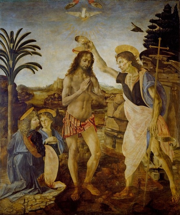 Andrea del Verrocchio, Taufe Christi (Christentum,Engel,Religion,Taufe,Renaissance,Neues Testament,Bibel,Christi Taufe,Italienische Kunst)