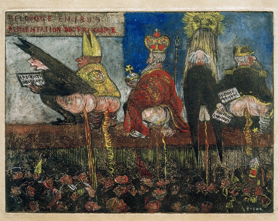 James Ensor, Alimentation doctrinaire / Doctrinaire voeding (Defäkation,Bischof,Gesellschaft,Geschichte,Karikatur,Katholische Kirche,Kirche,König,Kunst,Militär,Politiker,Politik,Stände,Symbolismus,Kritik,Nonne,Belgische Kunst,Gesellschaftskritik,Volk,Fäkalien,Abort,Staat,Notdurft,Stuhlgang,Schild (Information),Gene)