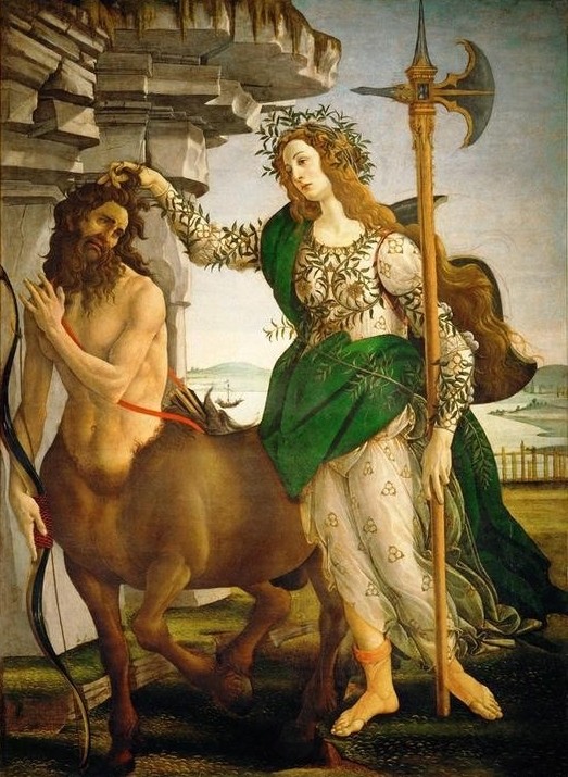 Sandro Botticelli, Minerva bändigt den Kentauren (Göttin, Minerva, Helebarde, Waffe, Kentaur, Fabelwesen, Mischwesen, Mythologie, Renaissance, Klassiker, Schlafzimmer, Wohnzimmer, Wunschgröße, bunt)