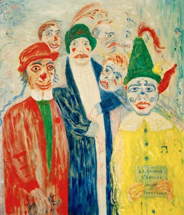 James Ensor, La Gamme d’Amour (Flirt des Marionettes) (Ballett,Feste,Grafiker,Gruppenbild,Kalenderfeste,Künstler,Kunst,Maler (Künstler),Maskerade,Mensch,Musik,Schwein,Theater,Symbolismus,Radierer,Phantastische Kunst,Belgische Kunst,Mehrfachbegabung,Person,Farbigkeit,Schrift,Maske (Gegenstand),Karneval,Verklei)