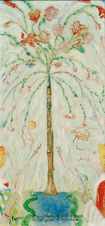 James Ensor, Die blühende Klarinette (Blasinstrument,Frau,Handschrift,Klarinette,Kunst,Musik,Instrument,Symbolismus,Blumenstrauss,Phantastische Kunst,Widmung,Belgische Kunst,Blume,Inschrift,Schrift,Hommage,Signatur)
