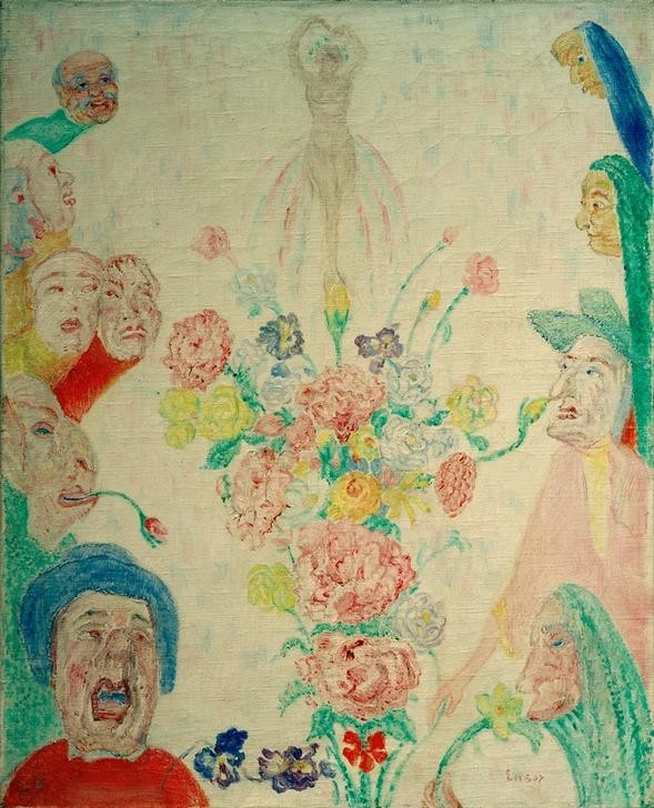 James Ensor, Das Ideal (Frau,Kunst,Mann,Mensch,Psychologie,Symbolismus,Akt,Blumenstrauss,Phantastische Kunst,Belgische Kunst,Blume,Imagination,Wunschdenken,Privatsammlung,Phantasie,Signatur)