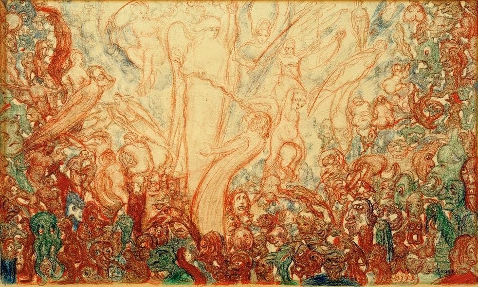 James Ensor, Kampf der Engel mit den Dämonen (Christentum,Engel,Erotik,Kunst,Religion,Teufel Und Hölle,Symbolismus,Altes Testament,Dämon,Bibel,Erzengel,Hölle,Phantastische Kunst,Belgische Kunst,Kampf,Nacktheit,Gut Und Böse,Genesis,Engelsturz,Jüdisch-Christlich,Signatur)