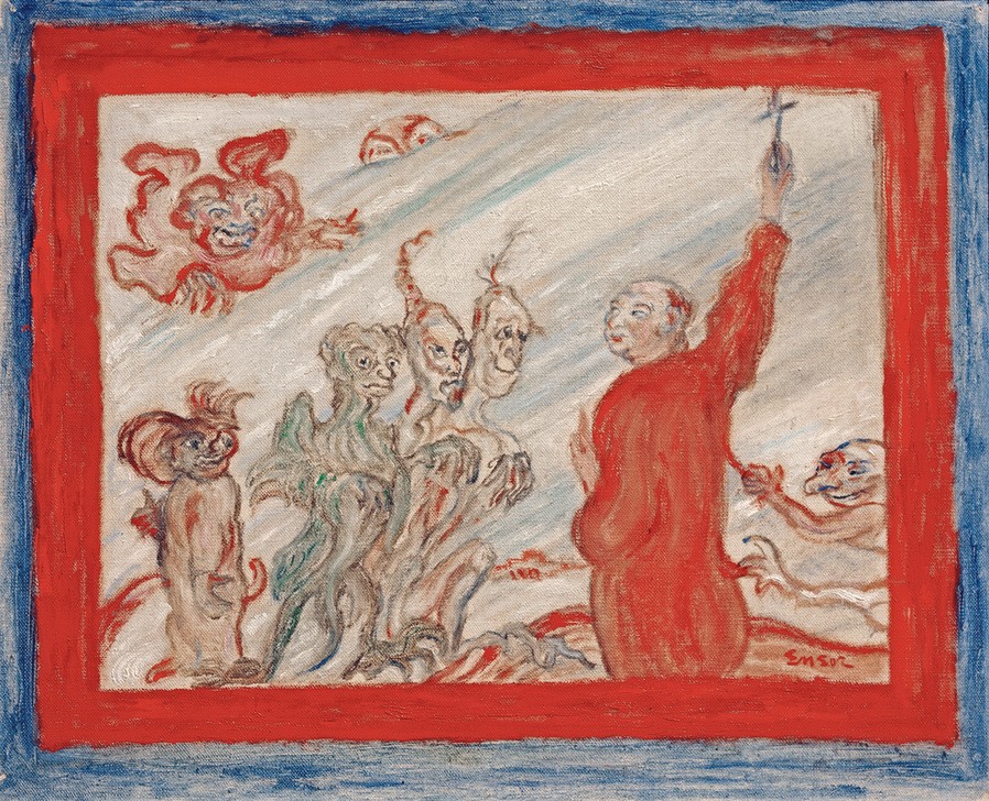 James Ensor, Teufel, die einen Mönch quälen (Christentum,Kirche,Kreuz,Kunst,Mann,Religion,Teufel Und Hölle,Symbolismus,Dämon,Mönch,Teufel,Hölle,Phantastische Kunst,Belgische Kunst,Gut Und Böse,Glaube,Quälerei,Rahmen,Böse (Moral),Signatur)