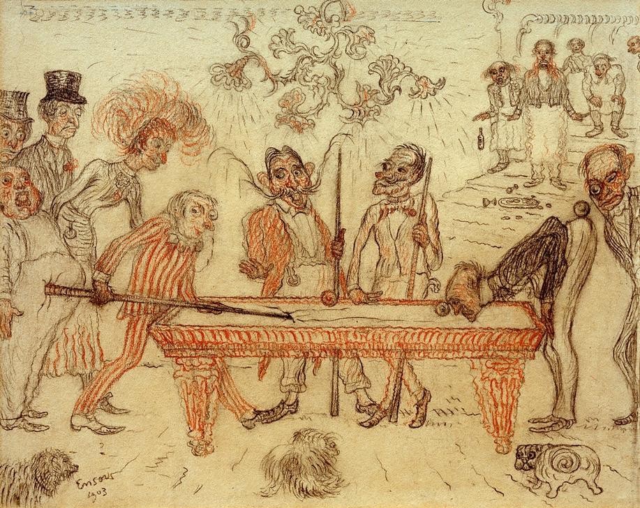 James Ensor, Der Stoß in das Billardtuch (Henri de Groux beim Billard) (Billard,Gesellschaftliches Leben,Gesellschaft,Satire,Karikatur,Künstler,Kursaal,Kunst,Maler (Künstler),Mann,Spiel,Symbolismus,Hund,Phantastische Kunst,Herrenrunde,Belgische Kunst,Tier,Jahrhundertwende,Geselliges Beisammensein,Privatsammlung,Billardtisch,M)