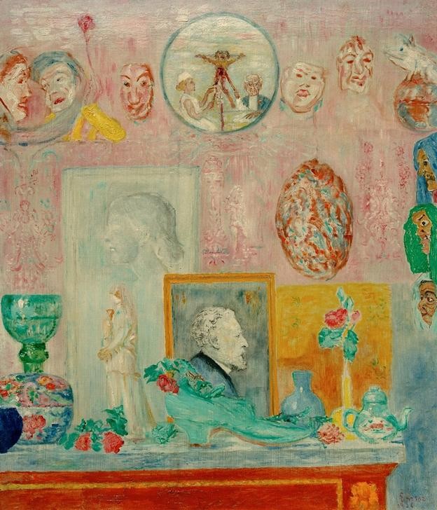 James Ensor, Souvenirs (Kunst,Schuhe (Schuh),Symbolismus,Bild Im Bild,Stillleben,Vase,Chinoiserie,Phantastische Kunst,Belgische Kunst,Vivisektion,Gefäss,Blume,Privatsammlung,Skulptur Im Bild,Maske (Gegenstand),Signatur,Souvenir)