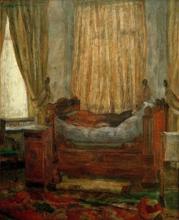 James Ensor, La Dame en détresse (Bett,Frau,Krankheit,Kunst,Medizin,Schlafzimmer,Impressionismus,Trauer,Interieur,Bürgertum,Kopfschmerz,Belgische Kunst,Vorhang,Verzweiflung,Traurigkeit,Migräne,Frauenleben,Liegen,Gefühl (Stimmung),Erregung,Menstruation,Unwohlsein,Negative Stimmungen Und Ge)