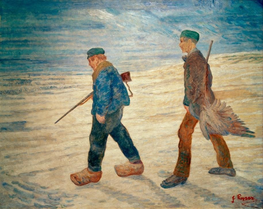 James Ensor, Les Braconniers (Gewehr,Jäger,Jagd,Jahreszeiten,Kunst,Mann,Vogel,Wilderer,Winter,Schnee,Symbolismus,Ente,Belgische Kunst,Tier,Holzschuhe,Kriminalität,Vogeljagd,Signatur)