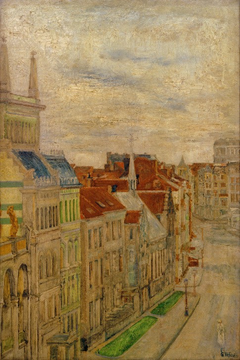 James Ensor, Van Iseghemlaan (Architektur,Geographie,Haus,Kunst,Seebad,Stadt,Strasse (Allgemein),Wohnhaus (Allgemein),Impressionismus,Vedute,Stadtansicht,Architekturdarstellung,Vogelschau,Belgische Kunst,Ansicht,Topographie,Signatur)