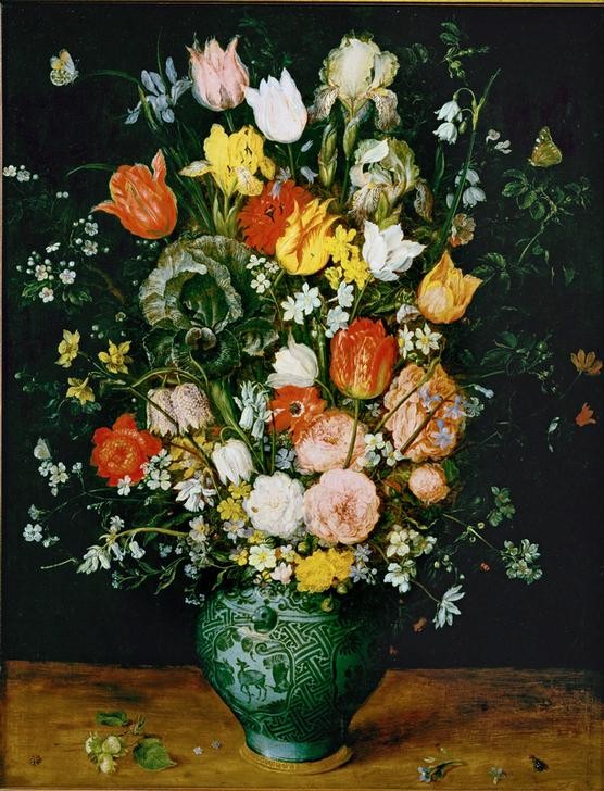 Jan Brueghel der Ältere, Blumen in blauer Vase (Stillleben, Blumenstrauß, Vase, üppig, prächtig, Vanitas, Vergänglichkeit, Tulpen, Lilien, Käfer, Schmetterlinge, Barock, Wunschgröße, Klassiker, Blumenbrueghel, Samtbrueghel, Wohnzimmer, Esszimmer, Wunschgröße)