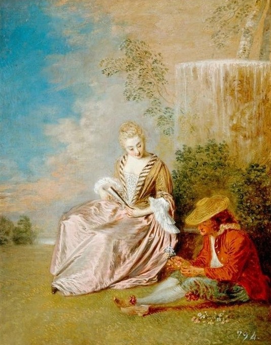 Jean-Antoine Watteau, The timid lover (Paar, Liebespaar, schüchtern, Garten, Idylle, Mode, Rokoko, Wohnzimmer, Schlafzimmer, Klassiker,  Wunschgröße)