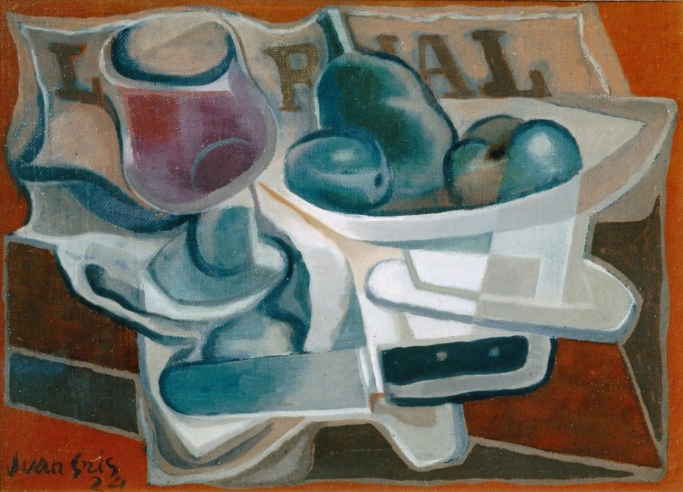 Juan Gris, Bowl and glass (Stillleben, Messer, Obstschale, Glas, Tisch, Kubismus,  Klassische Moderne, Malerei, Wohnzimmer, Wunschgröße, bunt)