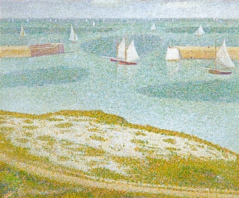 Georges Seurat, Entrance to the Harbor (Pier, Hafen, Hafeneinfahrt, Meer, Horizont, Meeresbrise, Segelboote, Sommer, Klassische Moderne, Pointillismus, Wunschgröße, Wohnzimmer, Malerei, bunt)