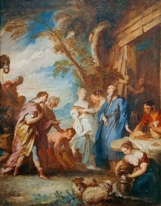 Francois Boucher, Rebecca receiving Abraham’s gifts presented by his servant Eliezer (Religion,  Geschenk, Ritual, AltesTestament, Menschen, Genre, idealisiert, Idylle,  Landschaft, Rokoko, Malerei, Klassiker, Wunschgröße, Wohnzimmer, bunt)