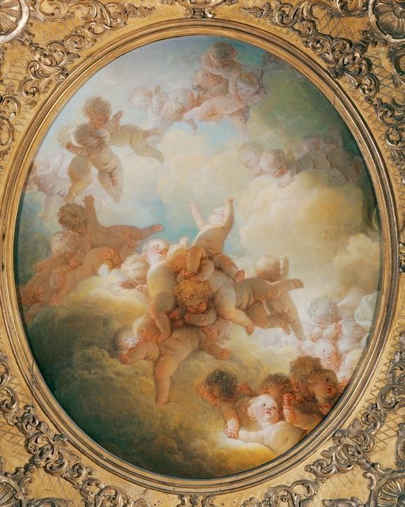 Jean-Honoré Fragonard, The swarm of Cupids (Putten, Engel, dick, propper, Wolken, Himmel,Treppenhaus, Wohnzimmer, Rokoko, Malerei, Wunschgröße, Klassiker, bunt)