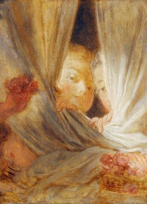 Jean-Honoré Fragonard, Two curious girls (Vorhang, Mädchen, Neugierde, Treppenhaus, Wohnzimmer, Rokoko, Malerei, Wunschgröße, Klassiker, bunt)