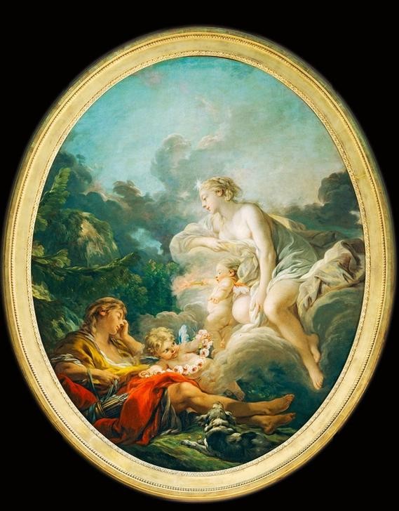 Francois Boucher, Cephalus and Eos (Mythologie, Götter, Putten, Genre, idealisiert, Idylle,  Landschaft, Rokoko, Malerei, Klassiker, Wunschgröße, Wohnzimmer, bunt)