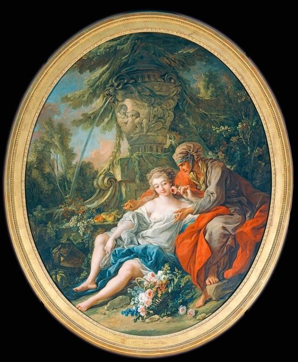 Francois Boucher, Vertumnus and Pomona (Mythologie, Götter, Sagen, Schäferstündchen, Zuneigung, Genre, idealisiert, Idylle,  Landschaft, Rokoko, Malerei, Klassiker, Wunschgröße, Wohnzimmer, bunt)